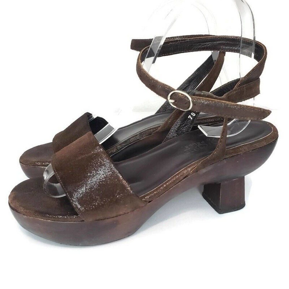 VERA PELLE Antique Japanese Wooden Shoes Asian Ankle Wrap Open Toe Sz 37 Brown
